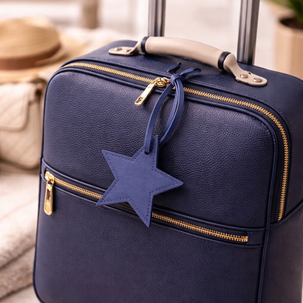 Navy Blue Star Bag Charm Keychain | Leather Look Luggage Tag Purse Accessory